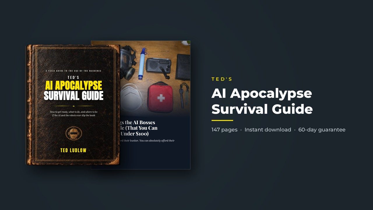 Ted's AI Apocalypse Survival Guide: the cover and a sample page shown on a screen