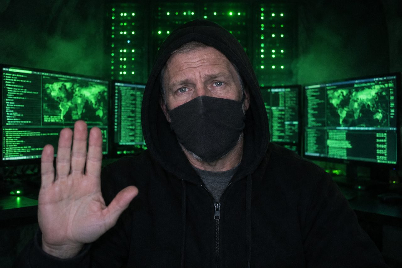 Ted Ludlow in a black hoodie and face mask, palm raised toward the camera, in front of green monitors